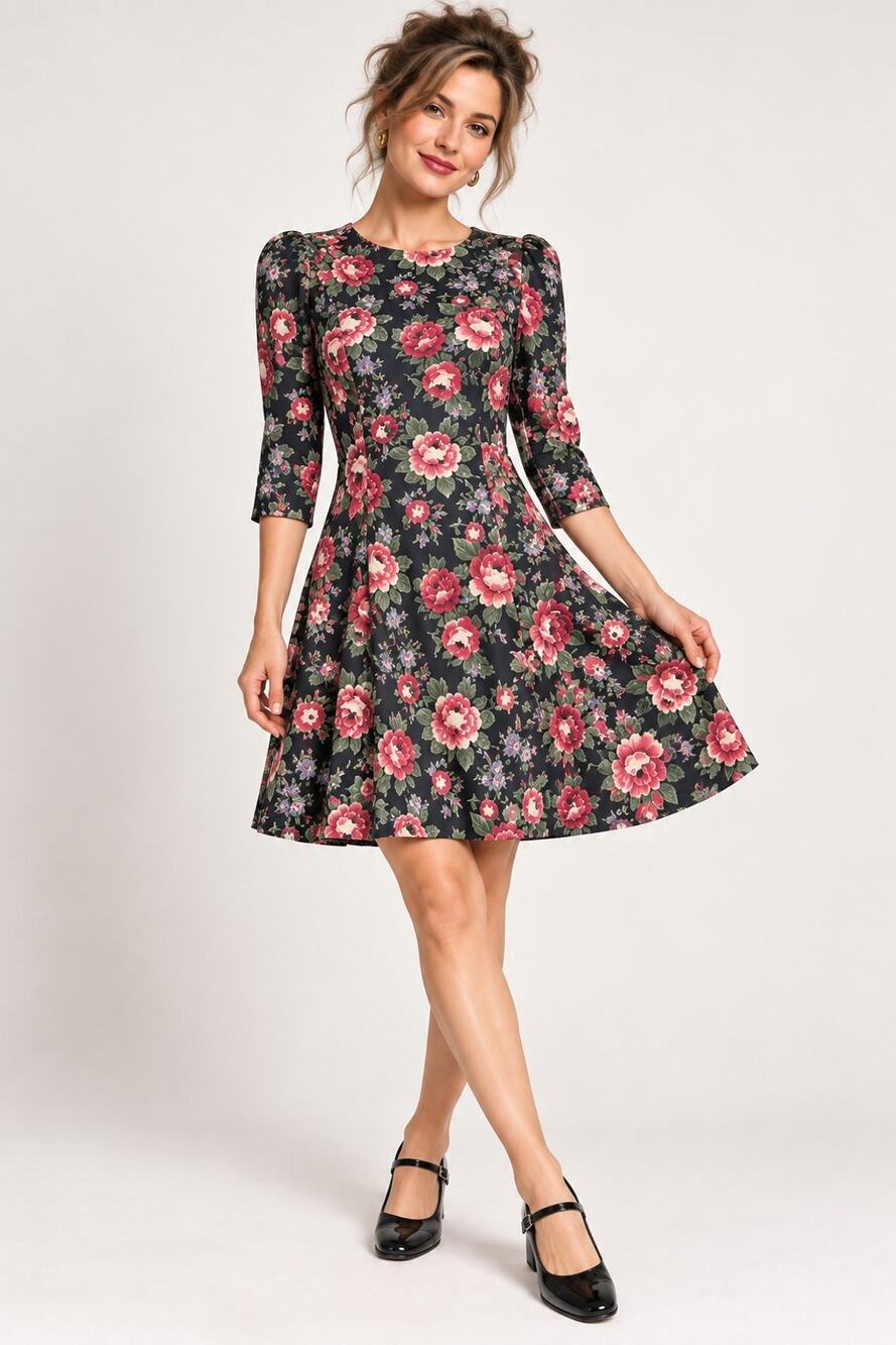 Vtg 90s Byer Too Floral Dress Size 9 Black Pink Rose Fit Flare Cottagecore USA